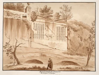 Monumento funerario de Escipión el Asiático, en Palazzuolo, 1833 (aguafuerte con lavado marrón)